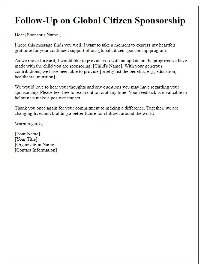 Letter template of global citizen sponsorship follow-up