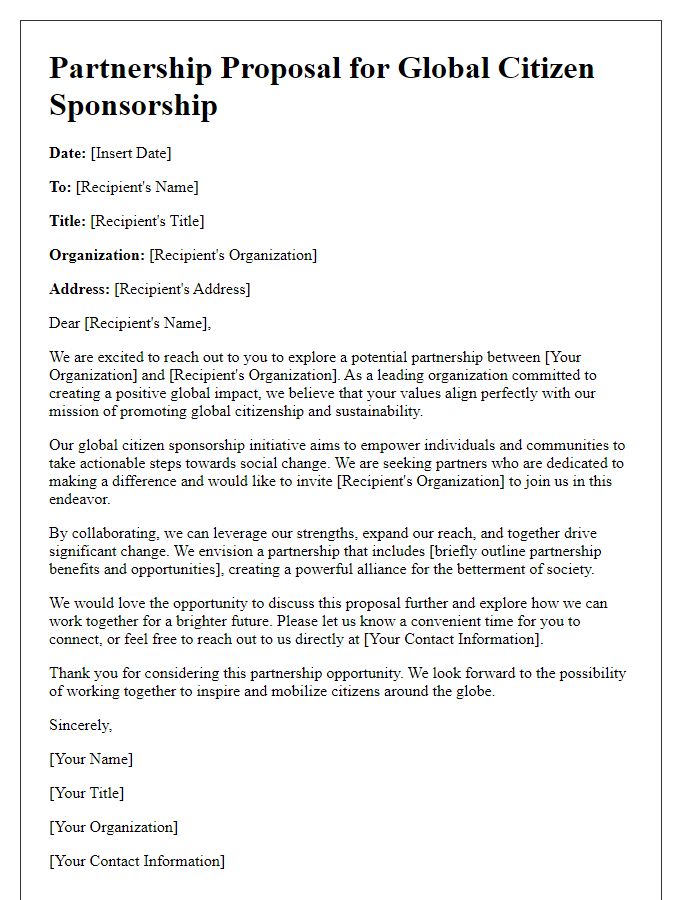 Letter template of global citizen sponsorship partnership