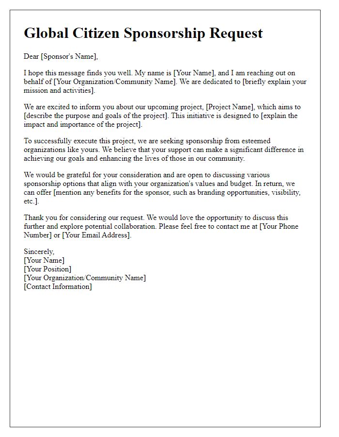 Letter template of global citizen sponsorship request