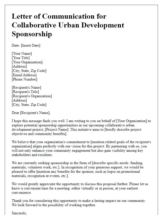 Letter template of communication for collaborative urban development sponsorship.