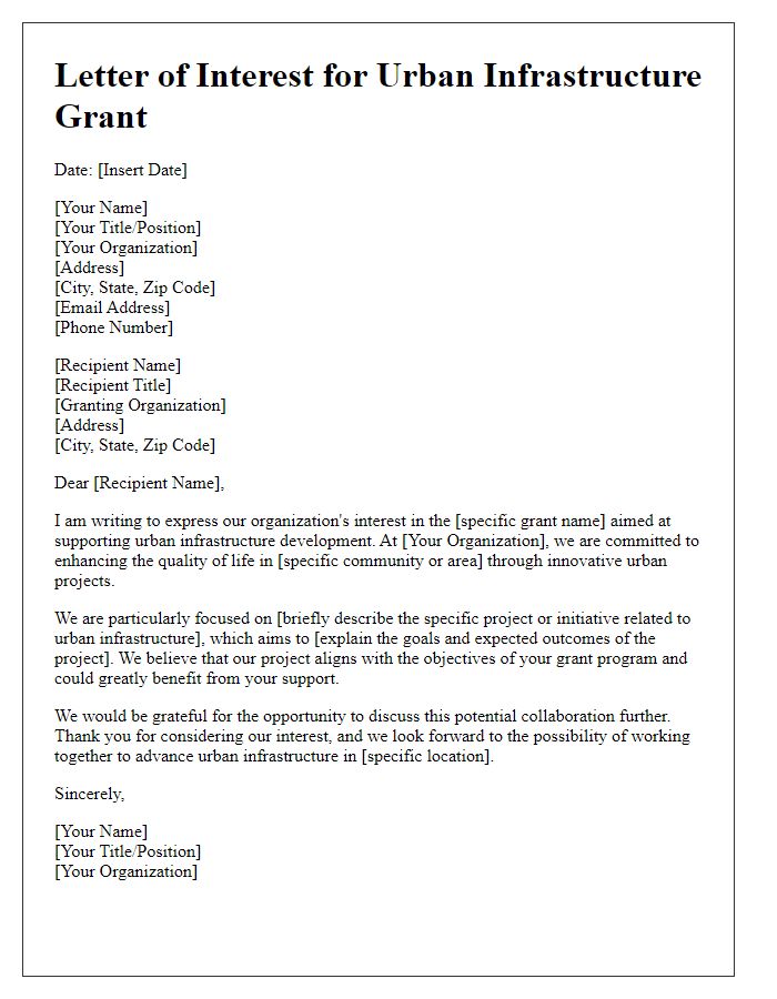 Letter template of interest for grants in urban infrastructure sponsorship.