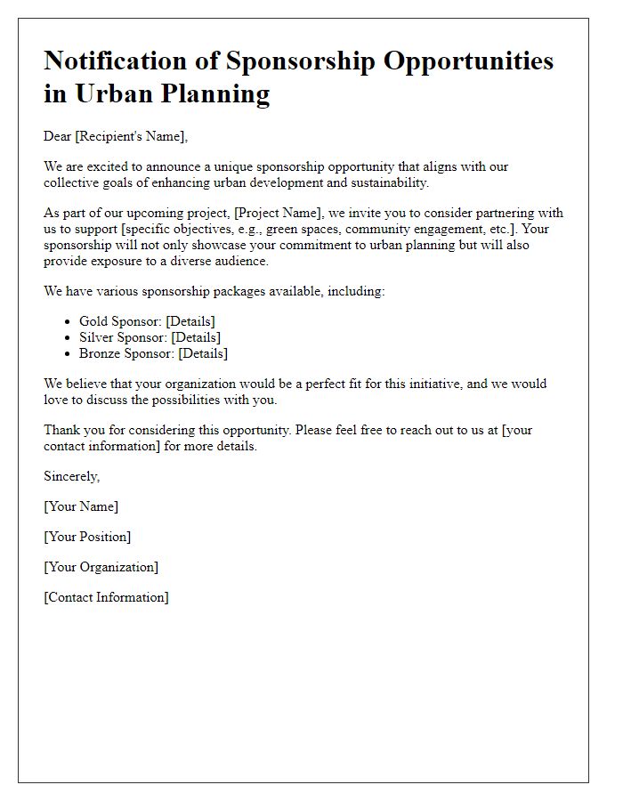 Letter template of notification for sponsorship opportunities in urban planning.