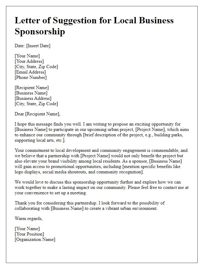 Letter template of suggestion for local business sponsorship in urban projects.