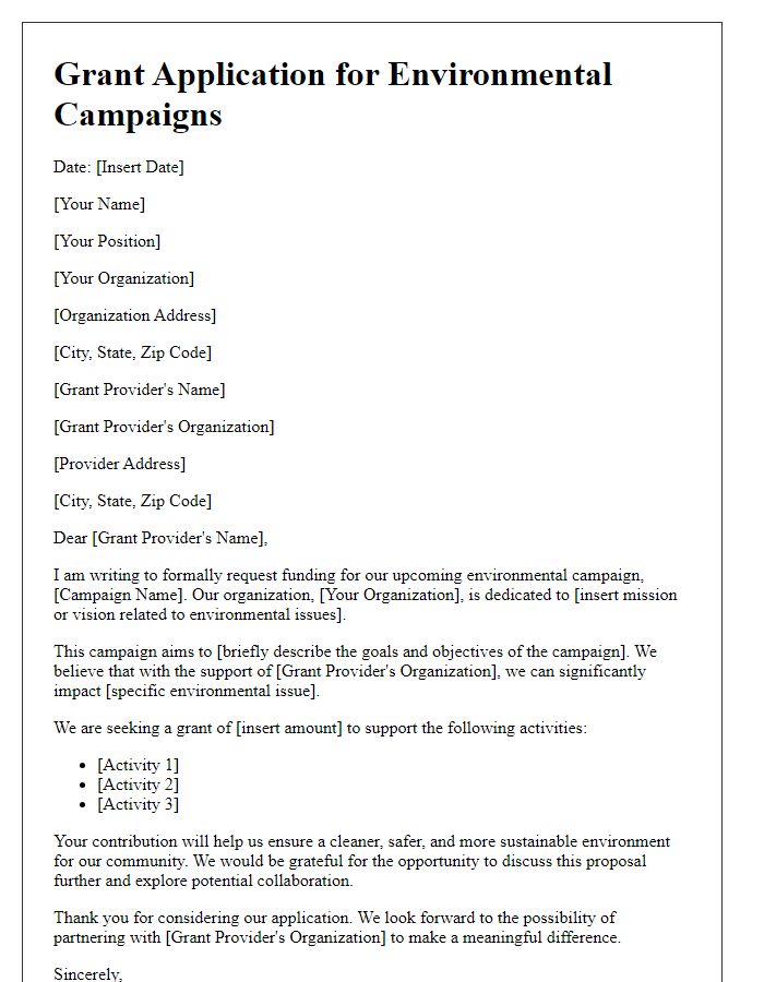 Letter template of grant application for environmental campaigns