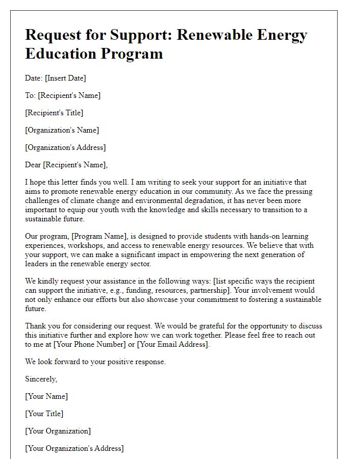 Letter template of support request for renewable energy education