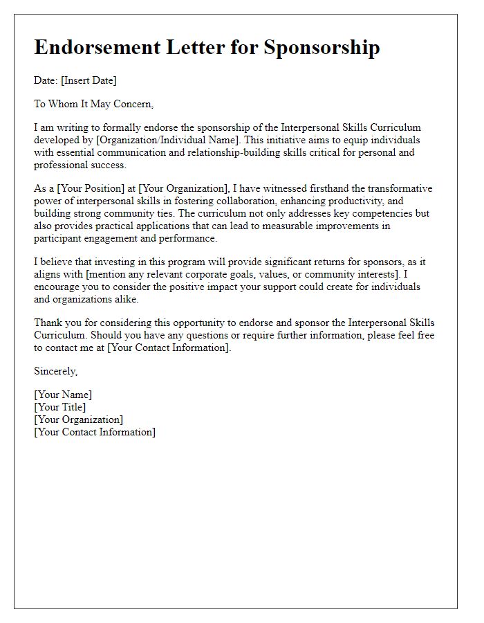 Letter template of endorsement for sponsorship of interpersonal skills curriculum