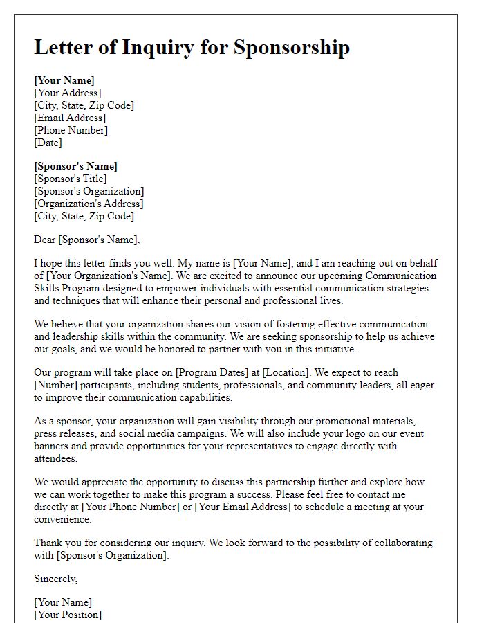 Letter template of inquiry for sponsorship for communication skills program