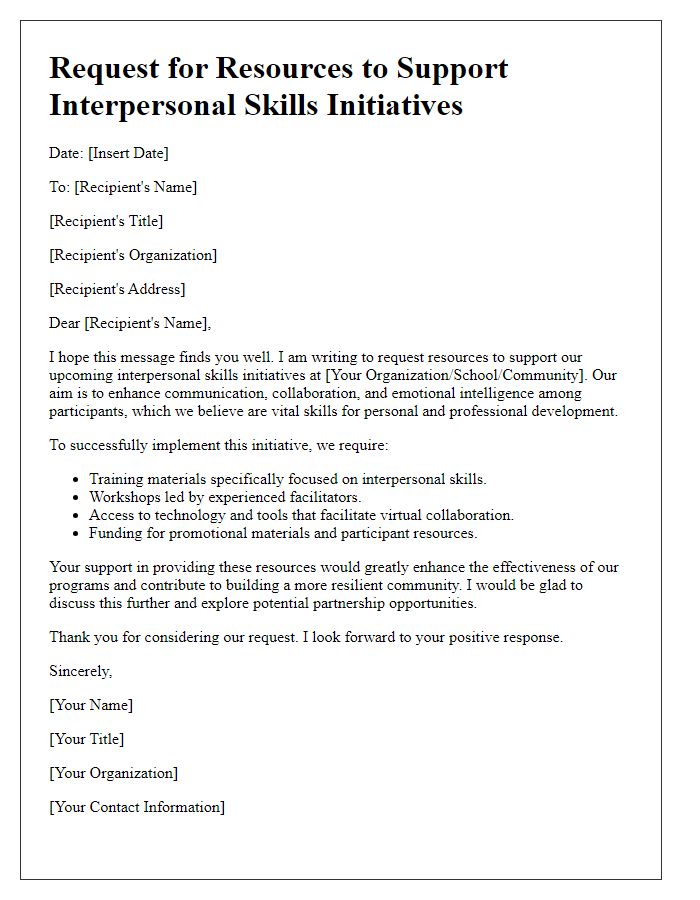 Letter template of request for resources to support interpersonal skills initiatives