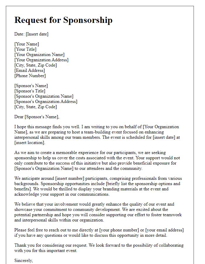 Letter template of sponsorship request for team-building interpersonal skills event