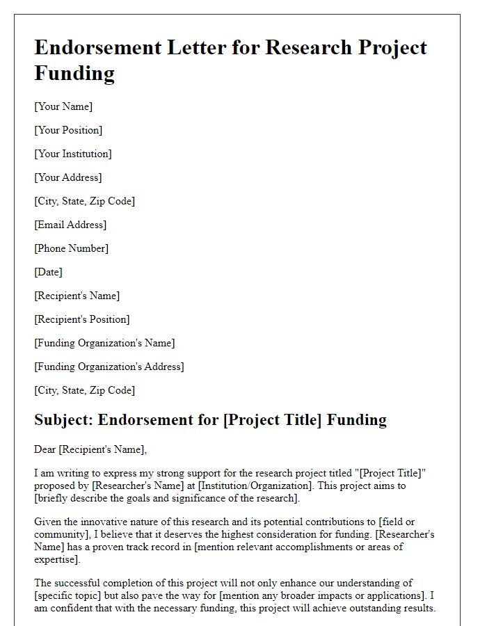 Letter template of endorsement for research project funding.