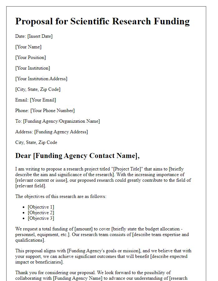 Letter template of proposal for scientific research funding.