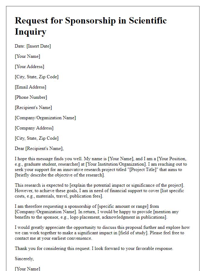 Letter template of request for sponsorship in scientific inquiry.