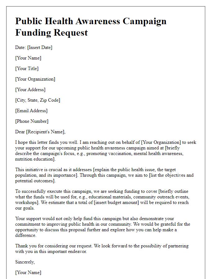 Letter template of public health awareness campaign funding