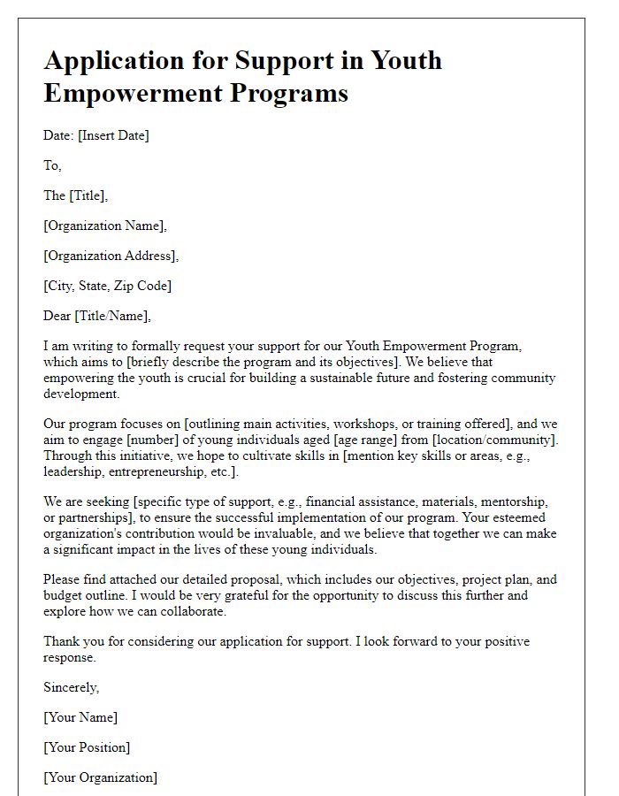 Letter template of application for support in youth empowerment programs.