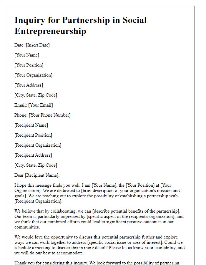 Letter template of inquiry for partnership in social entrepreneurship.