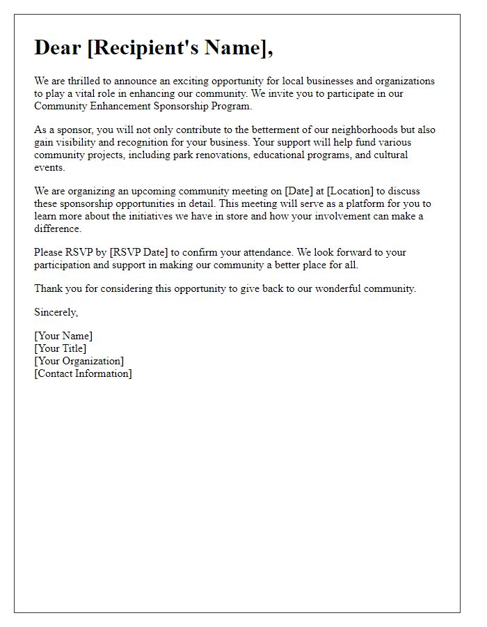 Letter template of invitation to participate in community enhancement sponsorship opportunities.