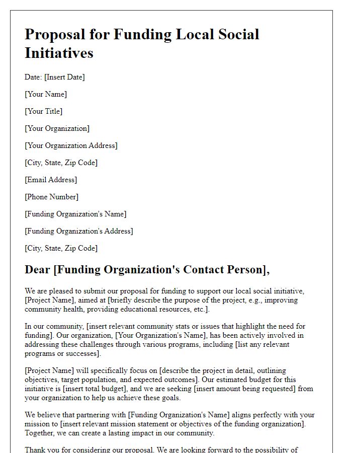 Letter template of proposal for funding local social initiatives.