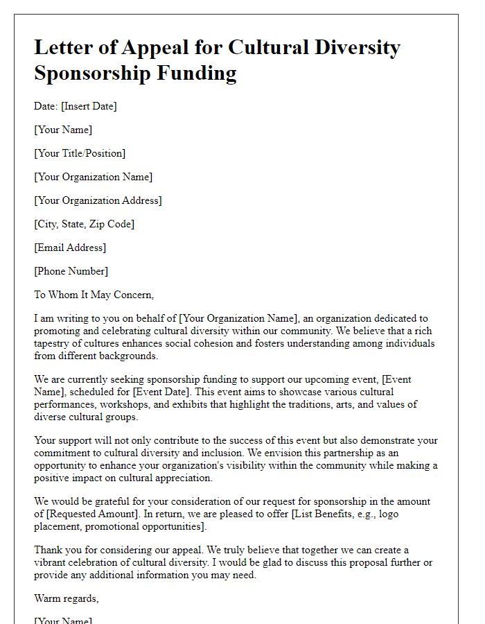 Letter template of appeal for cultural diversity sponsorship funding.