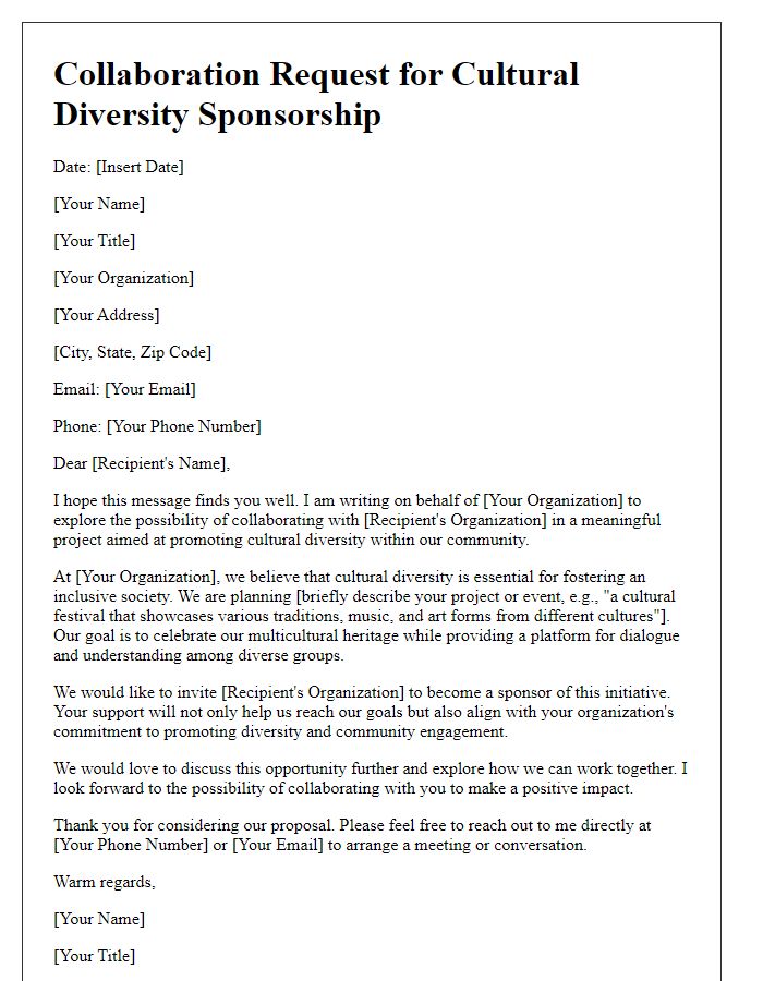 Letter template of collaboration request for cultural diversity sponsorship.