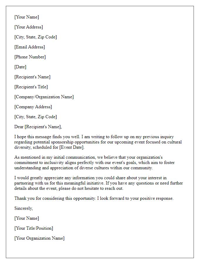 Letter template of follow-up for cultural diversity sponsorship inquiry.