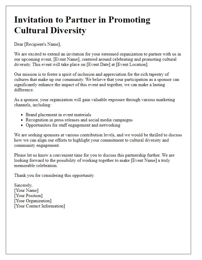 Letter template of invitation for cultural diversity sponsorship partnership.