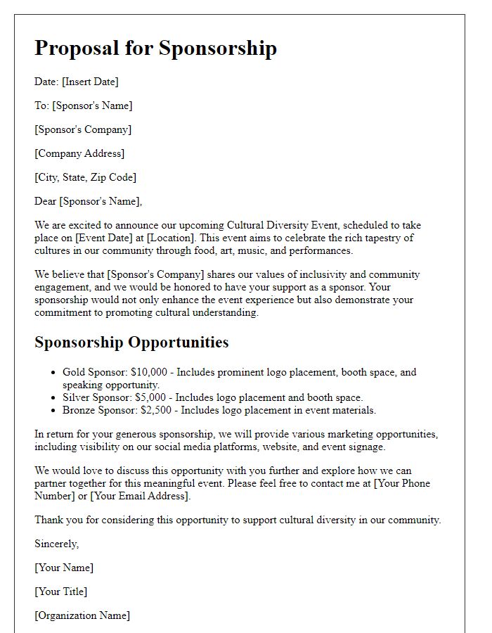 Letter template of proposal for cultural diversity event sponsorship.