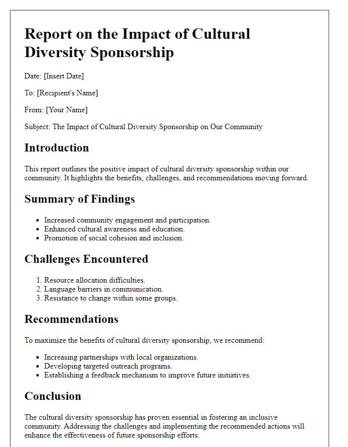 Letter template of report on impact of cultural diversity sponsorship.