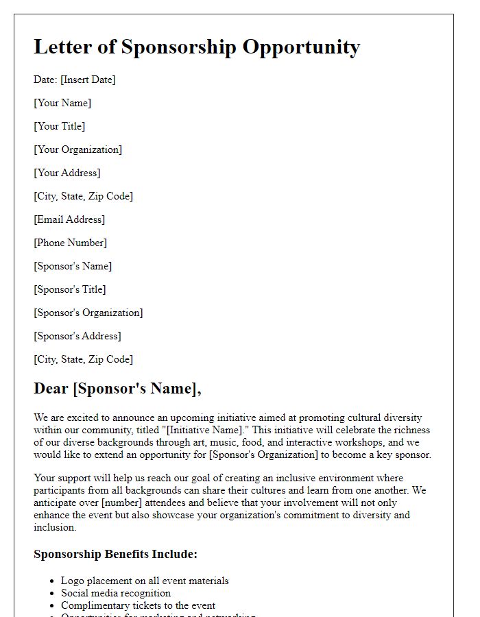 Letter template of sponsorship opportunity for cultural diversity initiative.