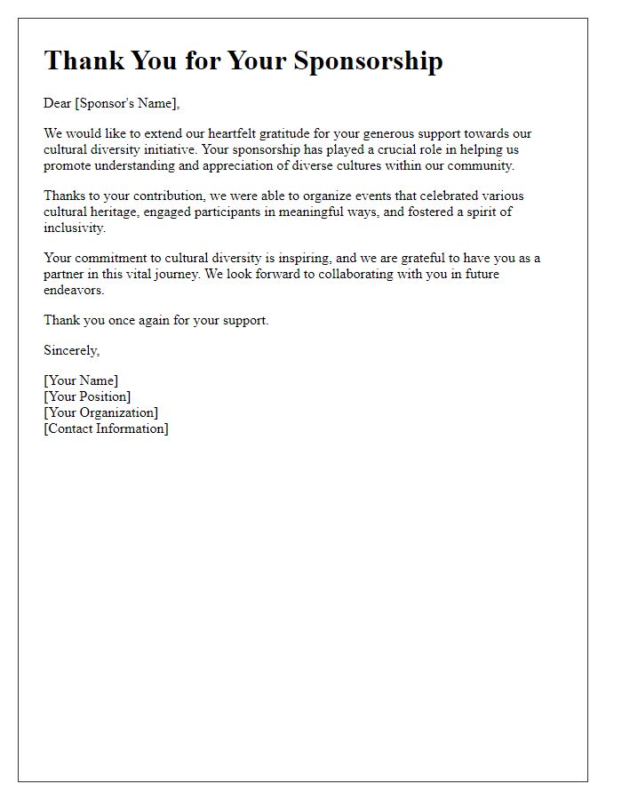 Letter template of thank you for cultural diversity sponsorship support.