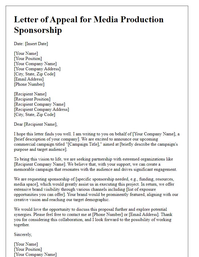 Letter template of appeal for media production sponsorship for a commercial campaign.