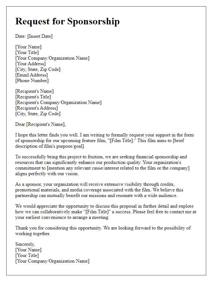 Letter template of formal request for media production sponsorship for a feature film.