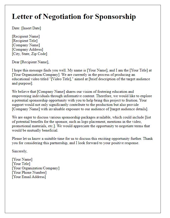 Letter template of negotiation for media production sponsorship for an educational video.