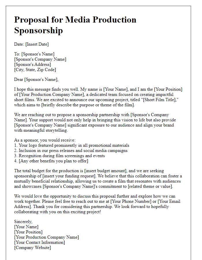 Letter template of proposal for media production sponsorship for a short film.