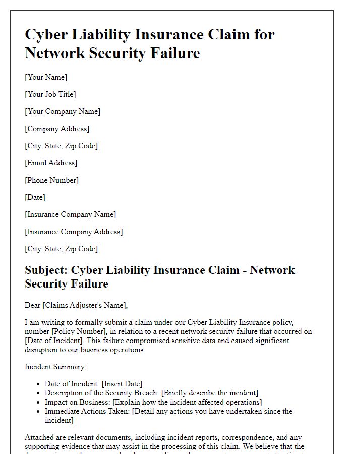 Letter template of cyber liability insurance claim for network security failure