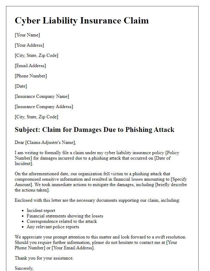 Letter template of cyber liability insurance claim for phishing attack damages