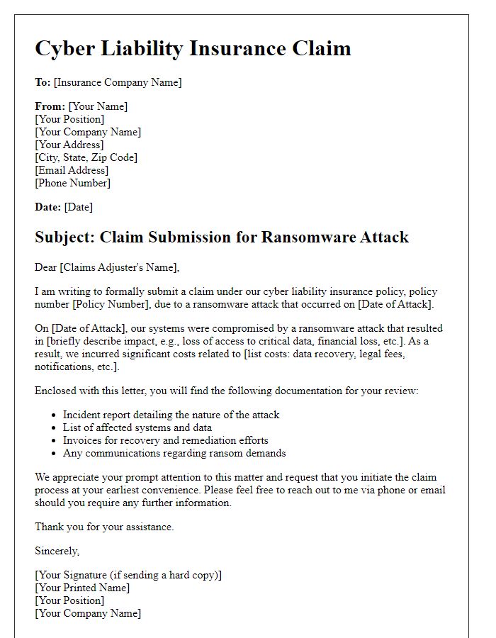 Letter template of cyber liability insurance claim for ransomware attack