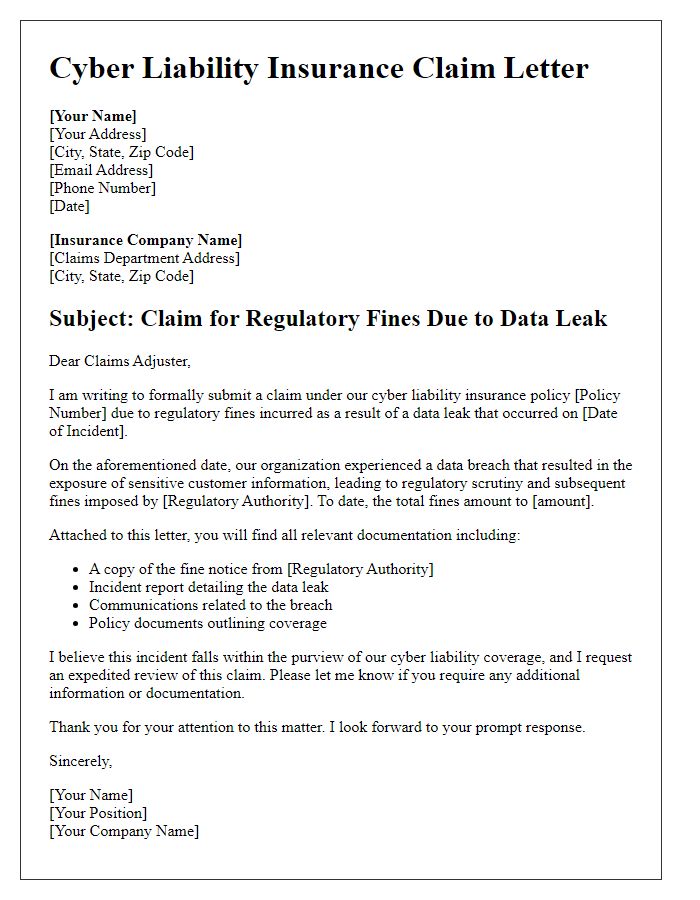 Letter template of cyber liability insurance claim for regulatory fines due to data leak