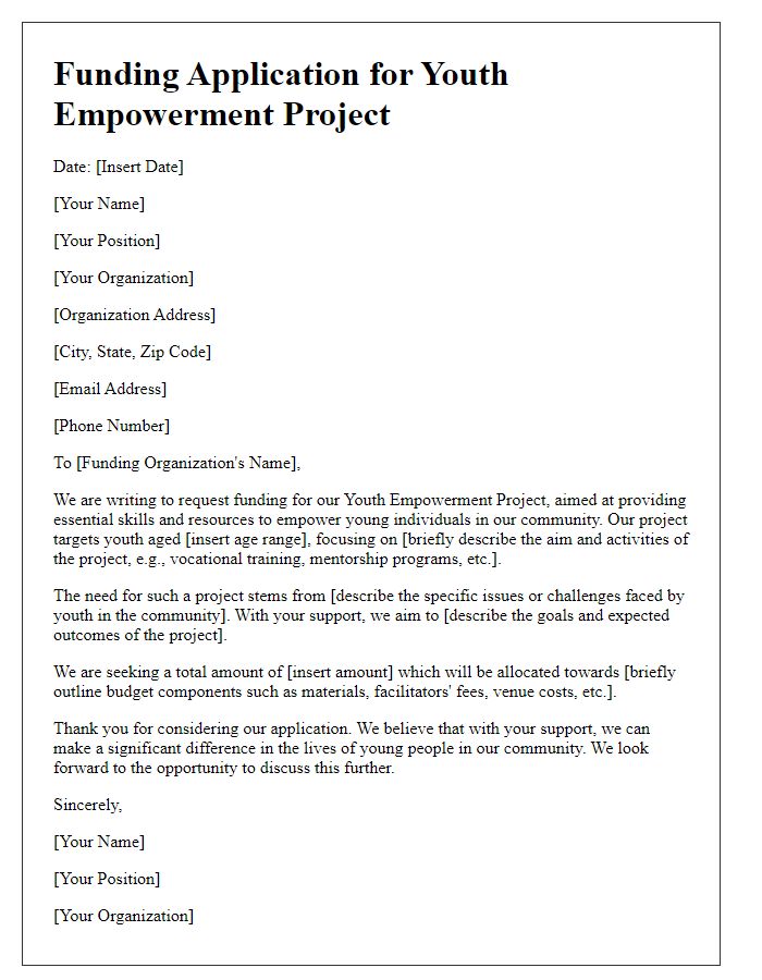 Letter template of funding application for youth empowerment project