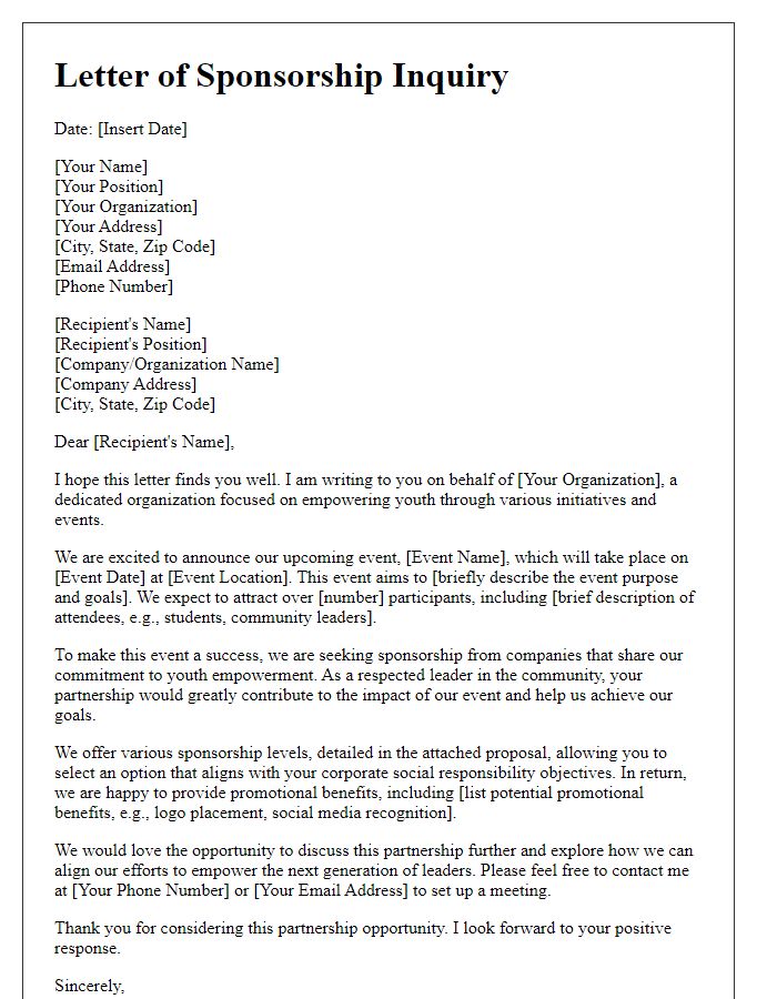 Letter template of sponsorship inquiry for youth empowerment events