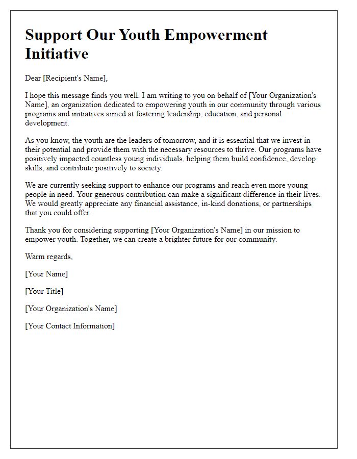 Letter template of support solicitation for youth empowerment organizations