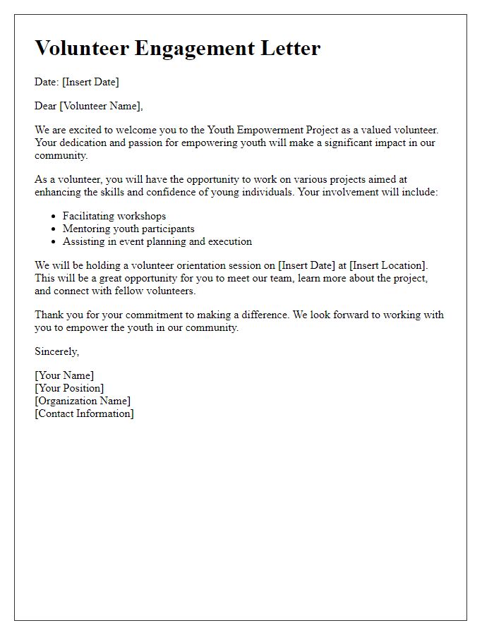 Letter template of volunteer engagement for youth empowerment project