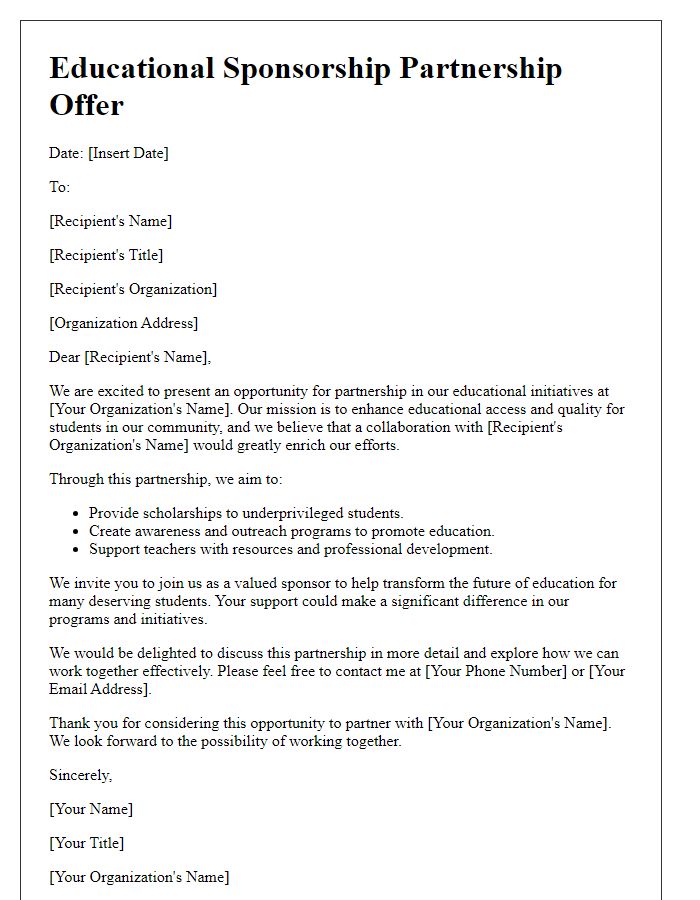 Letter template of educational sponsorship partnership offer