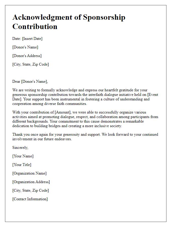 Letter template of acknowledgment for interfaith dialogue sponsorship contributions