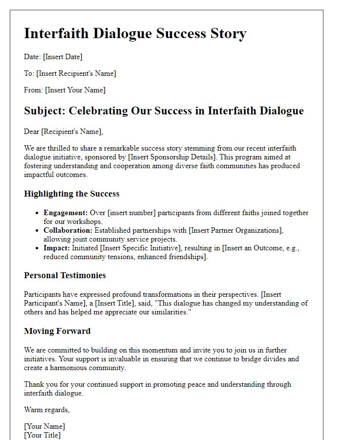 Letter template of success stories from interfaith dialogue sponsorship