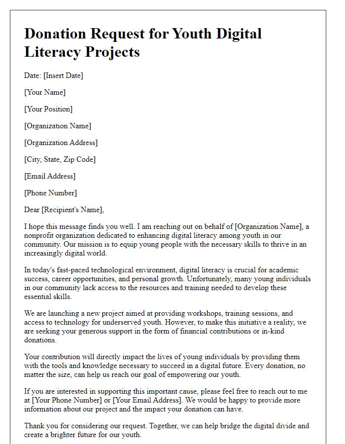 Letter template of donation request for youth digital literacy projects