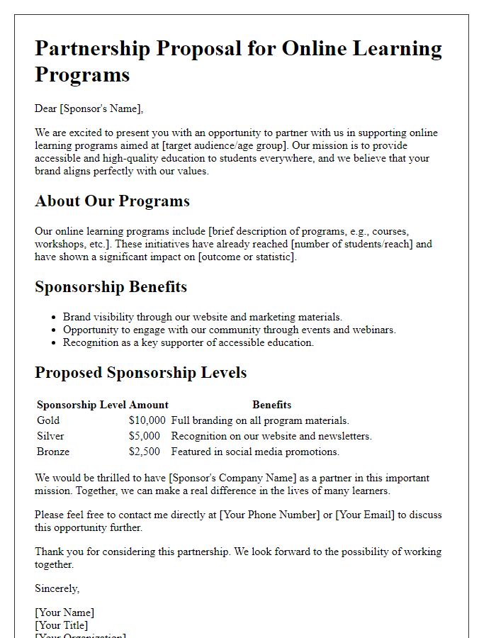 Letter template of sponsorship opportunity for online learning programs