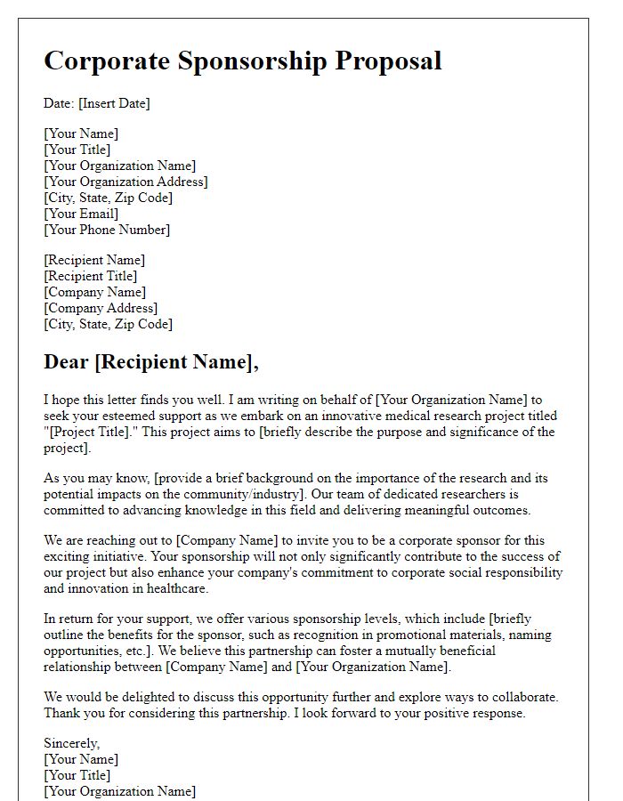 Letter template of corporate sponsorship for medical research project