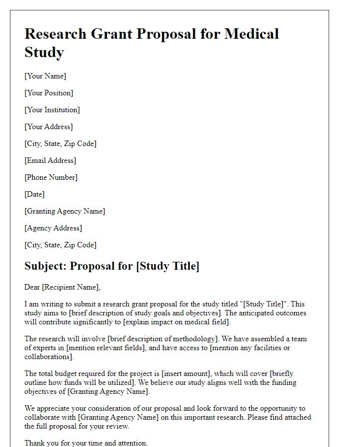 Letter template of research grant proposal for medical study