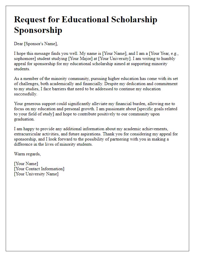 Letter template of educational scholarship sponsorship appeal for minority students.