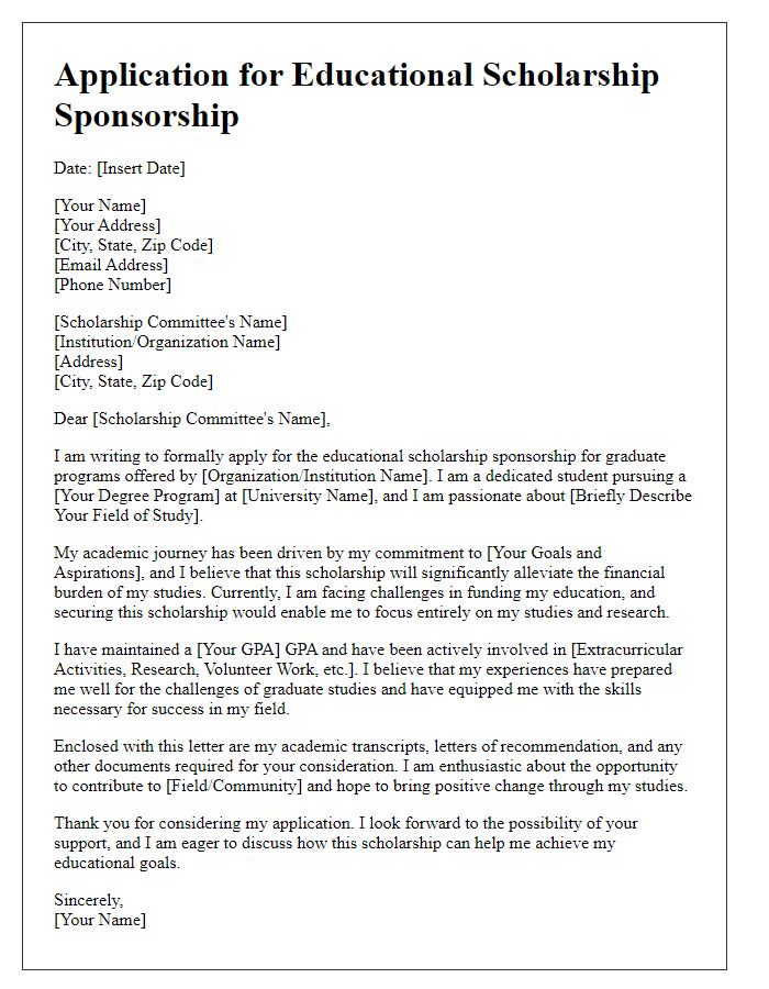 Letter template of educational scholarship sponsorship application for graduate programs.